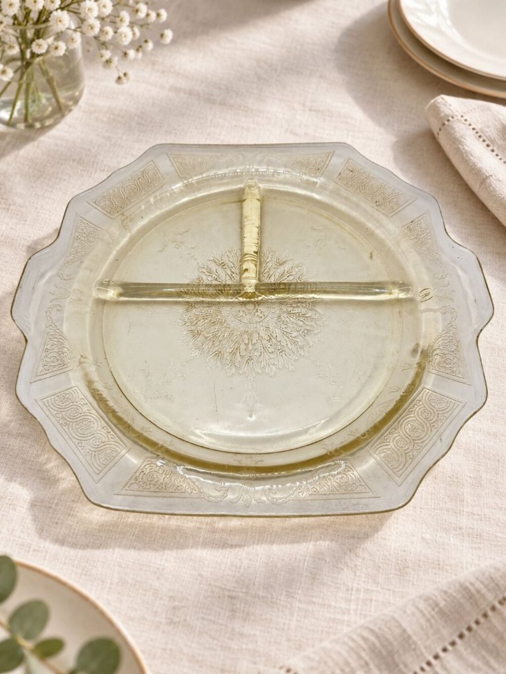 Vintage Divided Glass Serving Platter Etched Floral Design Elegant Clear Pattern
